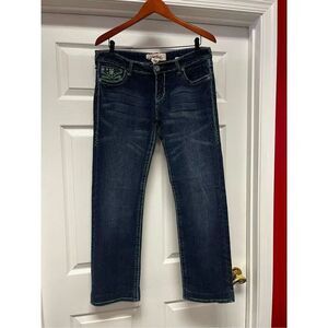 Laguna Beach Fleur De Lis Green Crystal & Stitched Flap Pocket Jeans sz 32 EUC R